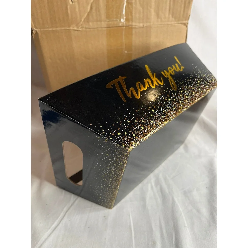 12 Pcs Thank You Gift Baskets Black Gold Glitter Cardboard‎ Party Favor Boxes 5D